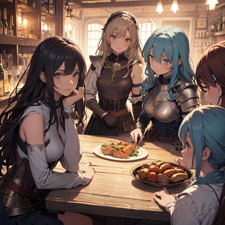 A group of  female medieval fantasy adventurers, (in tavern), various hair styles, harem, night, details face, short skirt, seducing, sleeveless, armor 