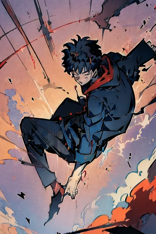 ((Masterpiece, Best Quality, 2d, anime)), (1 boy, Solo: 2), itadori, itadori_yuuji, black hair, red hoodie, open hoodie, hoodie off, blue eyes, Illustration,  ragemode, wild hair, destruction, falling, cinematic,