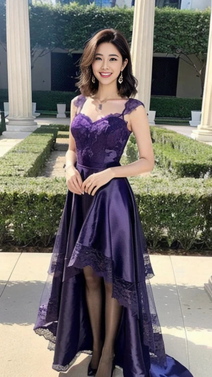 ((highest quality、Ultra-high resolution、8K、masterpiece、Ultra HD))、1 girl 、Delicate face、Detailed eyes and face、double eyelid、Pretty Face、Brown short bob hair、Heavy makeup、Tall and beautiful woman、Long, slender legs、Narrow waist、Mature Woman、A glamorous and elegant woman、((Purple satin lace long dress、Black Pantyhose))、High heels、((Full Body Portrait))、Large Breastodern architecture in the background、Detailed Background、Adorable、Smile、Earrings、necklace、bracelet