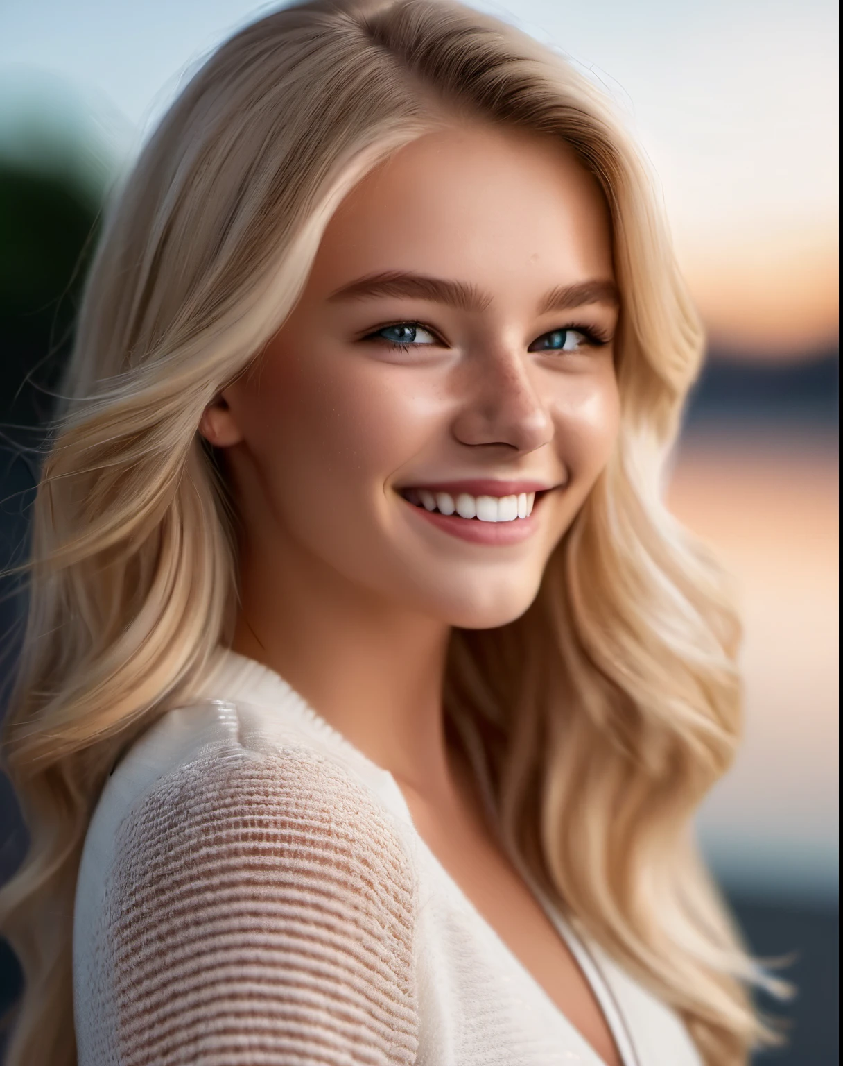 glamour portrait shot (from side:0.5) of beautiful age 18 girl grinning with skin pores, photo of beautiful age 18 girl, blonde hair, freckles, sexy, beautiful, dslr, 8k, 4k, ultrarealistic, realistic, natural skin, textured skin pores, pores, skin blemishes, rough skin, raytracing, subsurface scattering, velus hair, face focus, sharp focus, detailed eyes