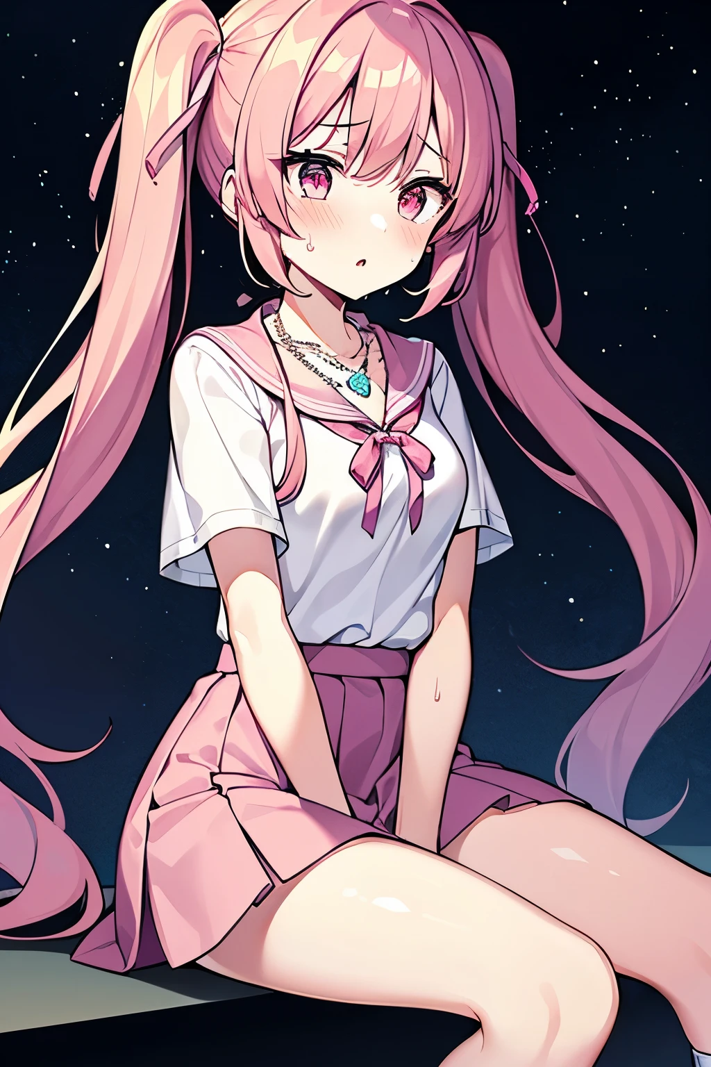 (1girl),solo,Look down nervously,Sweat,Medium pink school skirt, shirt with rosy pink long ribbons,Long White sock,rosy pink skin,low twintails hair,pale pink hair,Pale pjnk eyes, Dark cyan crystal necklace, Protagonist, Stars sky background