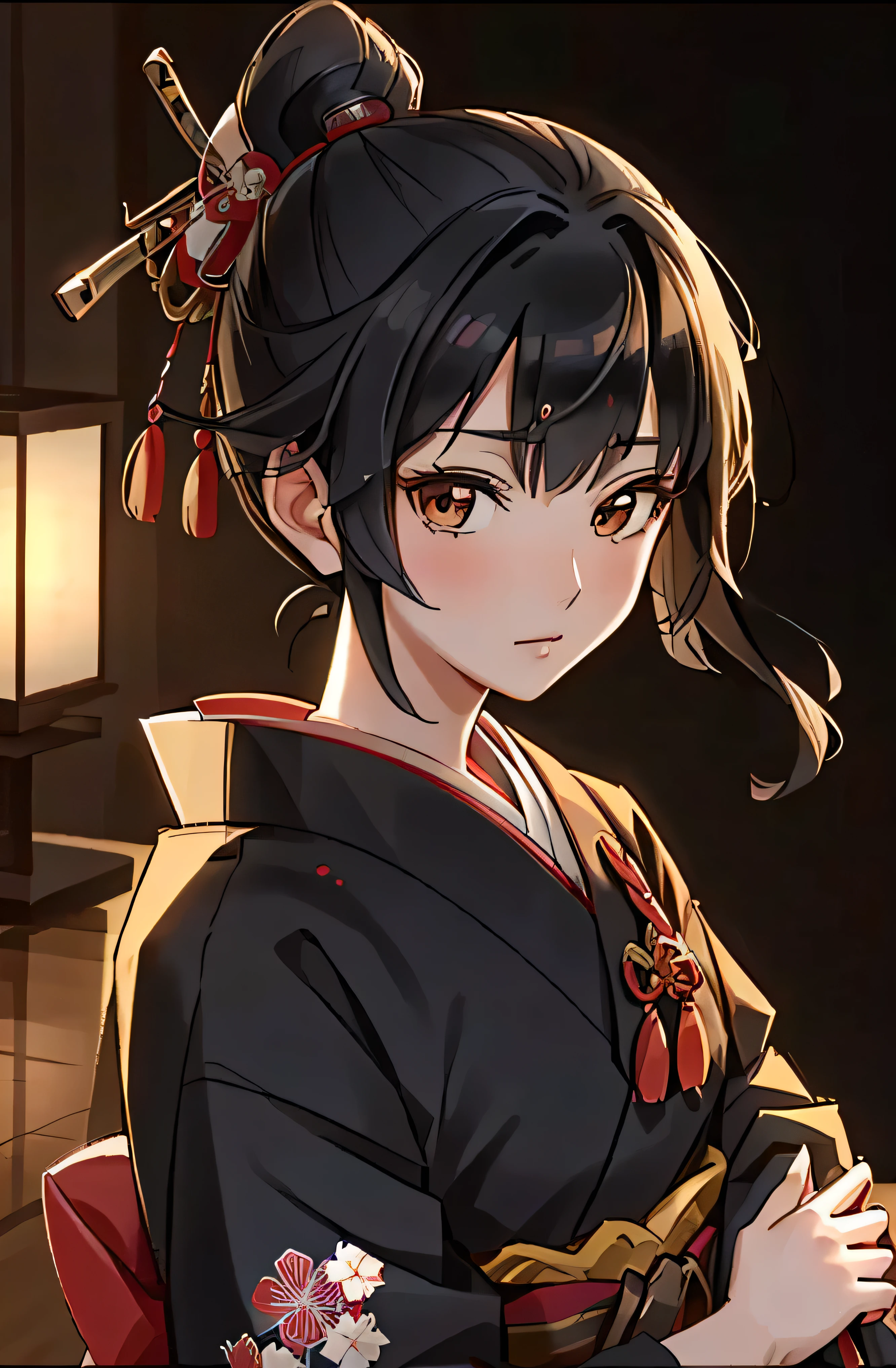 ((1 woman)), Fuji frame , nihongami, hime, Toda-Mariko, Bust Shot , One head, one person, upper body close-up, Ukiyo-e, geisha, Japan, Japanese, kimono, Beautiful woman , Bunkin Takashimada , Edo period, princess, Japanese hairstyle, Nihon-Gami, Nippon-Kami, home, ultra-realistic, photo-like, beautiful Japanese princess Geisha's Reflection on Katana: Sushi Scream, Edo period, princess, Japanese hairstyle, ultra-realistic, photo-like, beautiful Japanese princess