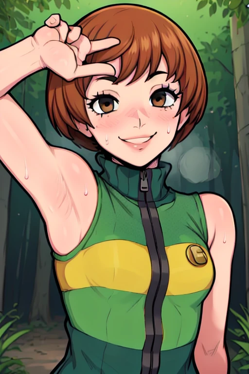 masterpiece, best quality, chie satonaka, looking at viewer, small breasts, upper body, portrait, looking at viewer, seductive smile,both hands raised, armpits, armpits visible, sweaty armpits, background on forest