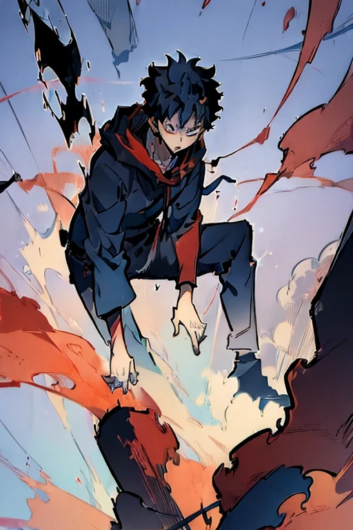 ((Masterpiece, Best Quality, 2d, anime)), (1 boy, Solo: 2), itadori, itadori_yuuji, black hair, red hoodie, open hoodie, hoodie off, blue eyes, Illustration,  ragemode, wild hair, destruction, falling, cinematic, view looking up,