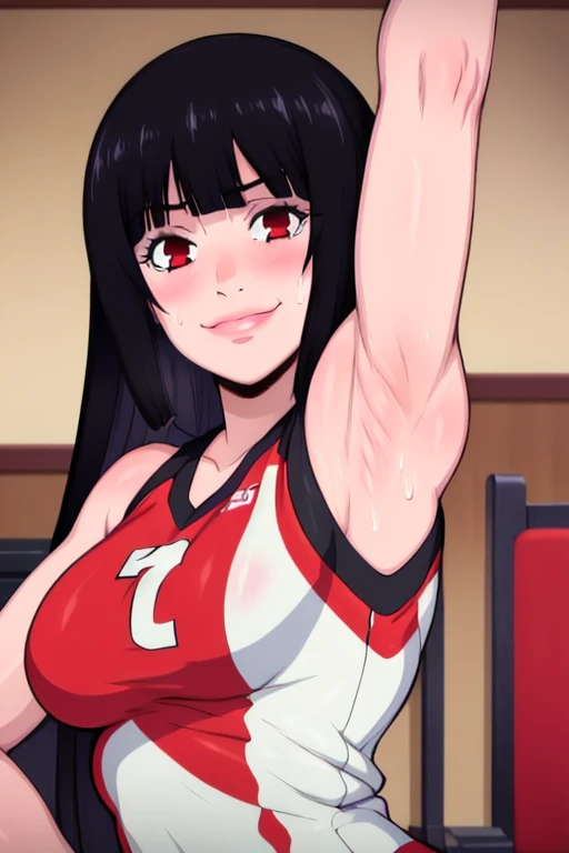 masterpiece, best quality, jabami yumeko, looking at viewer, black hair, red eyes color, large breasts, upper body, portrait, looking at viewer, seductive smile,both hands raised, armpits, armpits visible, sweaty armpits,, wearing volleyball uniform