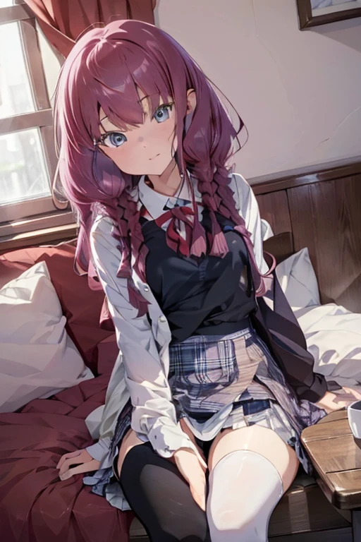 (8k, highest quality, Tabletop:1.2)、Ultra-high resolution、One ****************, Detailed face、blue eyes, Red hair, White panties, White blouse, Black vest, Black plaid skirt, white high knee socks, Tatami room, Japanese cushion, Sit with one leg upright