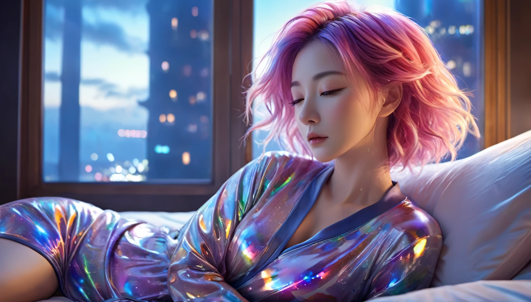 (best quality,8k,ultra-detailed:1.2),(CG,CG art,3D rendering),(masterpiece:1.2),(Sexy pajamas),(movie lighting,futuristic),(woman lying in bed,sleeping,closed eyes),(large window behind her,tranquil night),(colorful hair:1.5)