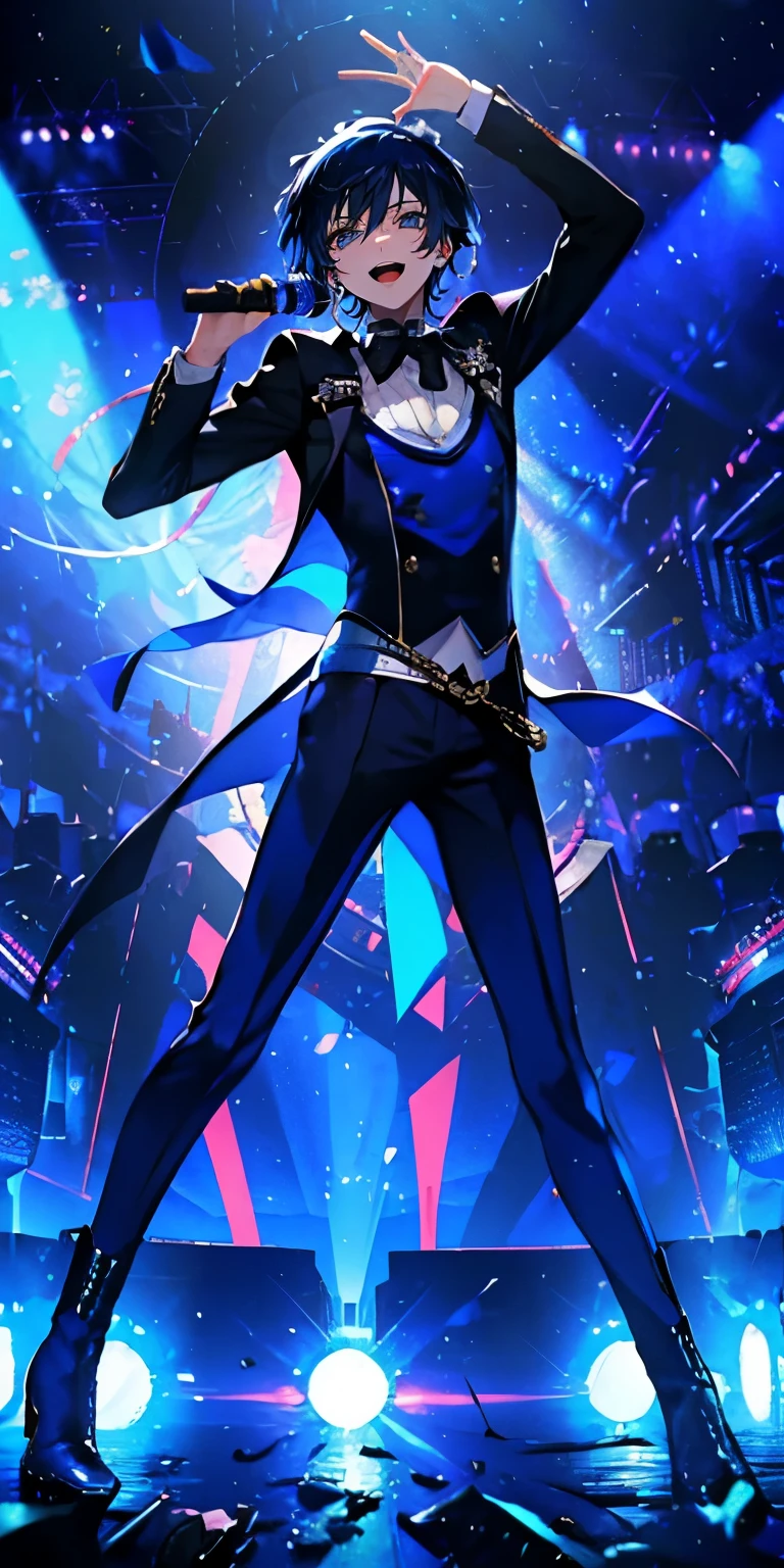 (Mastepiece), (Best Quality), Very detailed, ((1 boy)), Perfect Face, Beautiful Face, Very detailedな顔,((Blue Hair_short hair_Blue eyes:1.3)),Full body photography、Male solo idol、Gorgeous idol costumes、Cape、boots、(pants:1.2)、(Hold the microphone)、stage、Concert Dome、Lots of confetti、(smile:1.4)、(Open your mouth wide)、sing、dance、Wink、Laser light、Spotlight