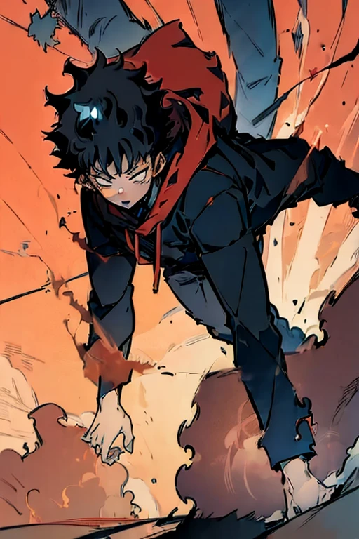 ((Masterpiece, Best Quality, 2d, anime)), (1 boy, Solo: 2), itadori, itadori_yuuji, black hair, red hoodie, open hoodie, hoodie off, blue eyes, Illustration,  ragemode, wild hair, destruction, falling, cinematic, view from below,