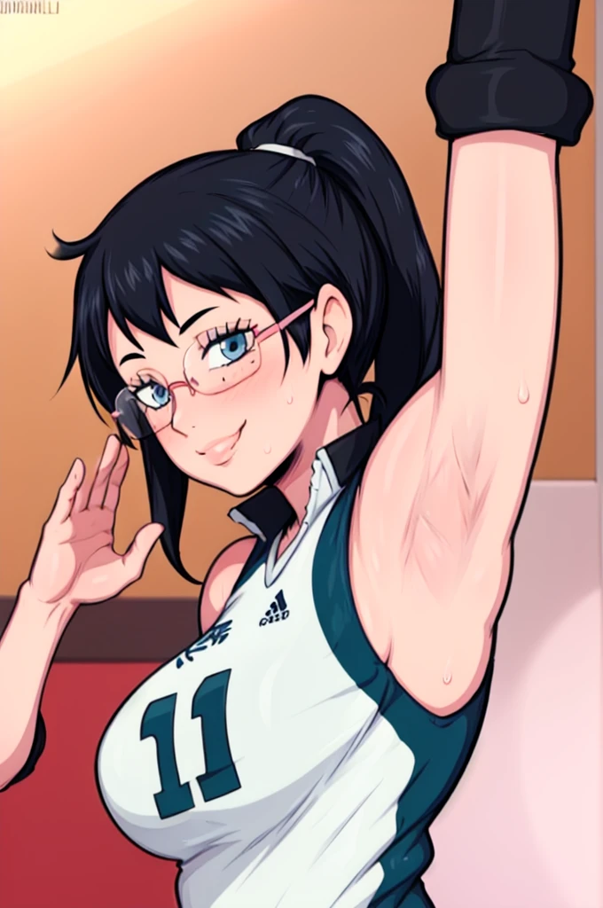 masterpiece, best quality, shimizu kiyoko looking at viewer, black hair, blue eyes color, large breasts, upper body, portrait, looking at viewer, seductive smile,both hands raised, armpits, armpits visible, sweaty armpits, wearing volleyball uniform, wearing glasses, ponytail