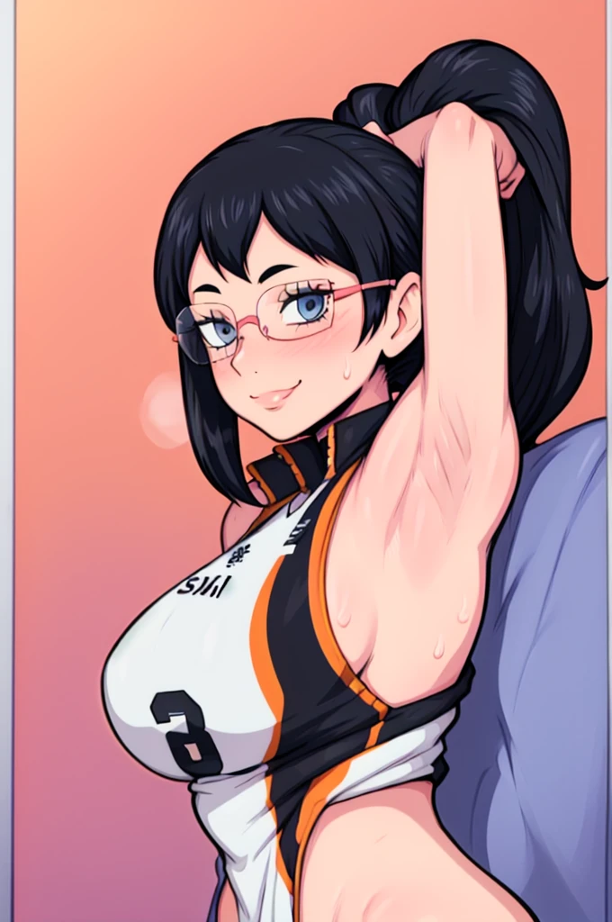 masterpiece, best quality, shimizu kiyoko looking at viewer, black hair, blue eyes color, large breasts, upper body, portrait, looking at viewer, seductive smile,both hands raised, armpits, armpits visible, sweaty armpits, wearing volleyball uniform, wearing glasses, ponytail