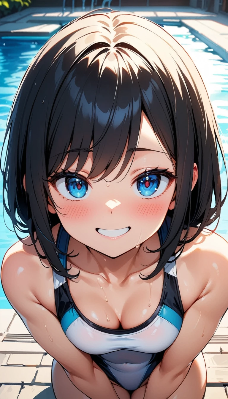 (high quality, 8k, 4K, High Contrast, masterpiece:1.2, 最high quality, Best aesthetics), , Very detailed, Seductive and erotic girl, false smile, Forced smile,Shadowy Face,blush,Embarrassed,(Bulging milk, Silver fur), Focus on the face, Small face,Complex eyes,, laced , Poolside,,Viewers looking up, Black Hair,One-piece competitive swimsuit,Toned Body,muscle質、muscle,Gatai is good,Muscular