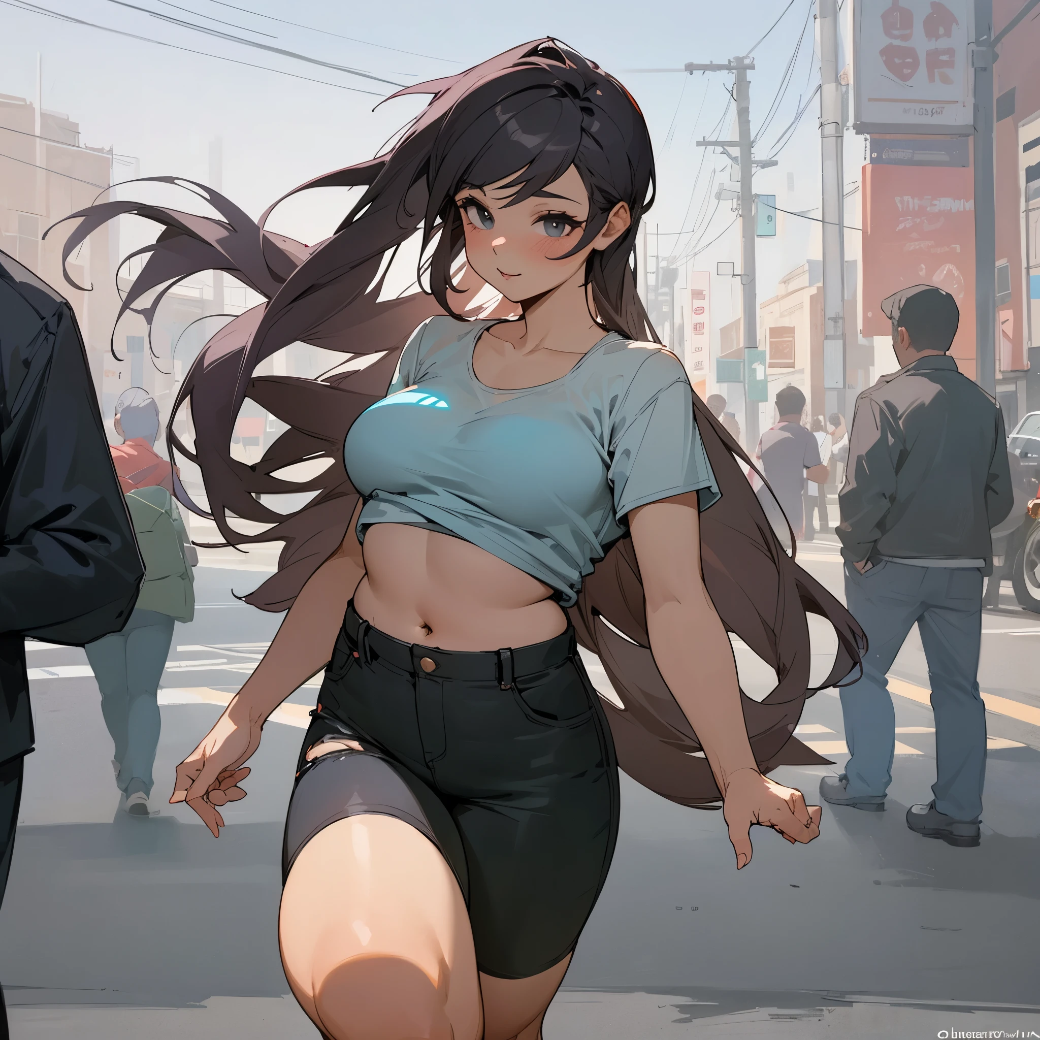 plus size, curvy, overweight girl wearing a pair of ripped shorts and a crop top walking down a crowded street next to a thinner flat chested girl wearing a tight dress, the plus size girl is the center of attention, seeming prettier than the other girl despite wearing average clothes. full body drawings.
