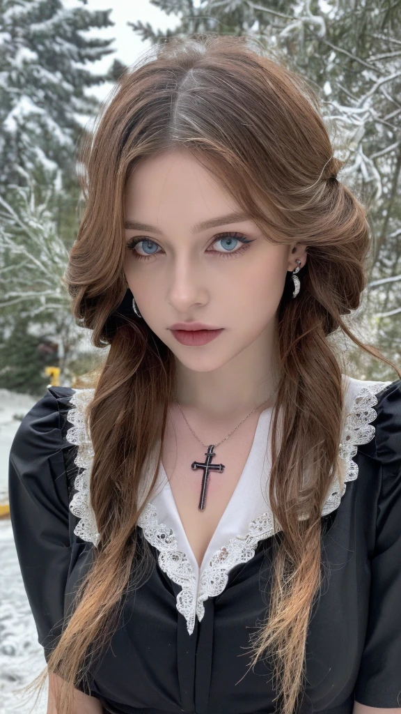 1 miniature Beautiful beautiful woman - Yuan Sayuki, ((top quality, 8K, Masterpiece:1.retty woman, 1 woman, huge :1.3, a slim body:1.1, lush GINGER long hair with 2 buns, (shower, wet body, wet clothes:1.1), very detailed face, detailed lips, detailed eyes, double eyelids, Detailed blue eyes, чрезвычайно Detailed Outstanding Blue Eyes, long GINGER wet hair, GINGER wet hair, Detailed Outstanding Blue Eyes, innocent look at the viewer, very wet wavy white hair, Detailed Outstanding Blue Eyes, huge cross earrings, Outdoors, badges behind, gothic maid uniform, sexy madress, bare chest, huge chest tattoo, detailed huge catholic cross earrings, chest tattoo, Outside, wear a silver cross (Detailed cross shape), reality mode, wet breasts, bcklace, human crowd behind, black latex gloves, hair of white snowy colour, night time, red neon lights, demonic nun, nimbus (golden lighting ring above her head), angel, snowy weather, sexy pose, white gerie, black maid dress, detailed flower wreath made of different colours, open chest