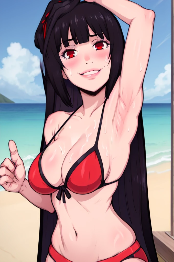 masterpiece, best quality, jabami yumeko, looking at viewer, black hair, red eyes color, large breasts, upper body, portrait, looking at viewer, seductive smile,both hands raised, armpits, armpits visible, sweaty armpits,, wearing red bikini, backround on beach