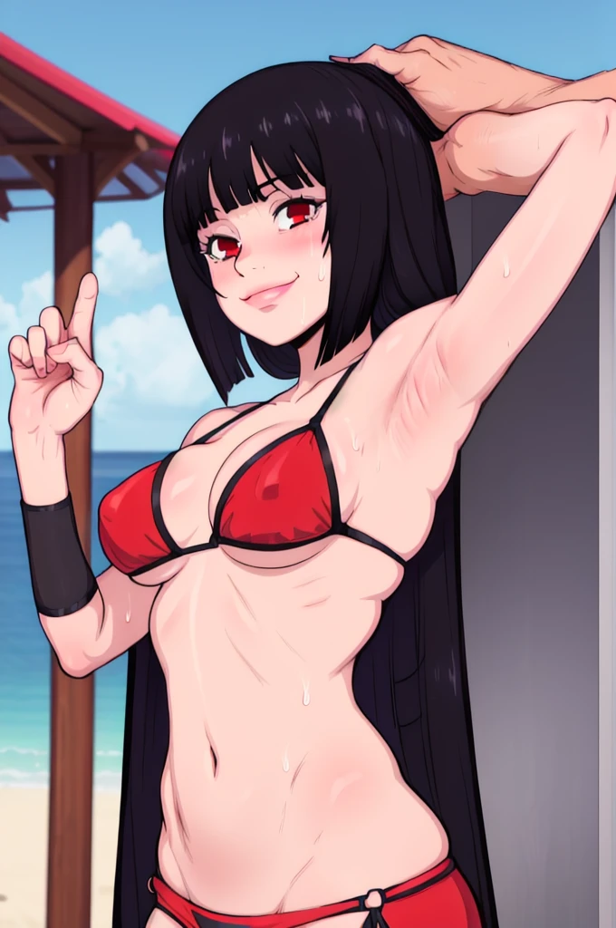 masterpiece, best quality, jabami yumeko, looking at viewer, black hair, red eyes color, large breasts, upper body, portrait, looking at viewer, seductive smile,both hands raised, armpits, armpits visible, sweaty armpits,, wearing red bikini, backround on beach