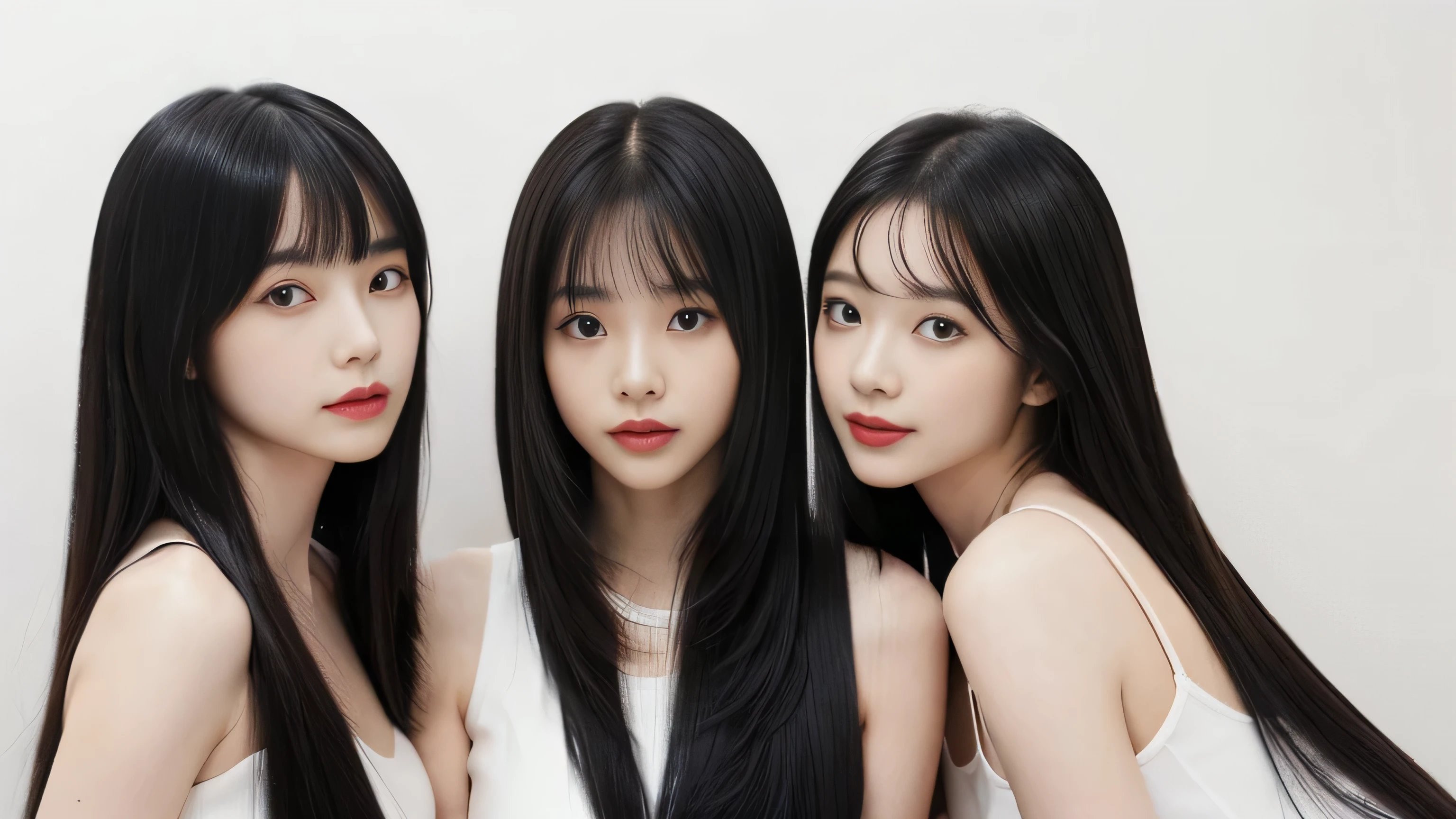 (A close-up of the faces of three identical twin triplets in the same space:1.3) ((Three clone triplets:1.3 are close to each other、Gives viewers random happy looks:1.4)) (They are are the same clone) ((They are try to show off their hair as much as possible.,)) ((Beautiful 18-year-old model with long black hair, girl with super length Hair, extremely length Hair, extra length Hair, very long, Flowing Hair, very length Hair, length Hair girl, very long, Flowing black hair, length Hair windy, Very long black hair, length, Flowing Hair,Incredibly long-lasting hair, length Hair!!!! Her highest quality hair is long and straight., very long, highest quality black hair, length hair in the center, Highest quality long straight hair, length, straight, beautiful, High quality hair, length and free black highest quality straight hair, length Hair, length and straight, highest quality black hair, Perfect silky straight hair of the highest quality, straight, highest quality black hair, length black straight hair, length, Thin black hair Her hair is long and straight, very long black hair, length hair in the center, length straight hair, length, straight, beautiful hair of the highest quality, length Hair, length, straight black hair, length and free straight black hair, straight black hair)) (Her bangs are perfect.:1.3) (Pure white wall background:1.8) (Japan's most sexy and beautiful 18-year-old beauty model) ((highest quality)), ((masterpiece)), (Familiar) (Get used to it) Perfect Face (Her skin is a typical Japanese skin color.......、And very detailed) (Big Breasts:1.3) (She has a beautiful face and a typical Japanese figure...., Narrow eyes) (She has perfect beautiful makeup and face Lipstick is light red A solid eyeliner) ((Rich 1.4)) (Extremely detailed 8K) (Ultra-fine skin texture 1.4) (Actual, Vibrant:1.4), double eyelid Sharp focus:1.2、Beautiful woman:1.4 Dynamic Lighting (Genuine RAW photos taken by professional photographers) Professional Hair Shine. (((Unusually long black hair that lasts forever 1.3))) (length, Shiny black hair, その女性はlengthBlack hairをしている, lengthBlack hair, Waist-length hair, very lengthBlack hair, thick shining black hair, black silky hair, length and shiny hair, lengthBlack hair, length, Flat Hair Ridiculously long hair, Black shiny hair, Very shiny, Abnormally long hair, 厚く輝く異常にlengthBlack hair,Jet black silky hair Her hair is とてもlength and straight length, Voluminous black hair that reaches down to her ankles unusually long black hair, unusually long black hair, Very long black hair) (Her face is slim and dignified.., length, Narrow eyes..々Nice face) (They are are are'They are are'They are'They're both wearing the same white lingerie:1.5)