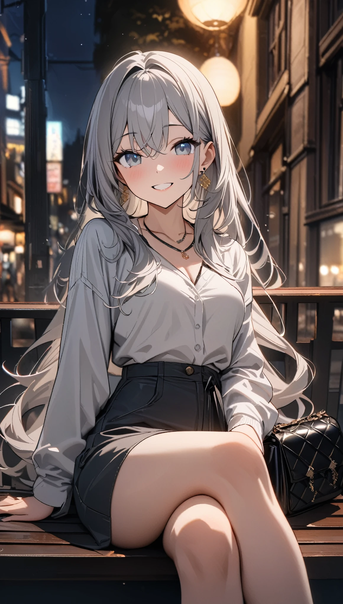 masterpiece, highest quality, Ultra-high resolution, Ultra-fine, 4K, 8k, highest quality, beautiful, Cute Woman, alone, (beautiful,Gray Hair, beautiful eyes, Long Hair, smile),laugh at,Queen,Crossing your legs,night,necklace, Earrings, accessories, bag, Great lighting,Excellent resolution,Audio Notes
