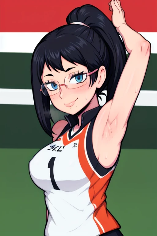 masterpiece, best quality, shimizu kiyoko looking at viewer, black hair, blue eyes color, large breasts, upper body, portrait, looking at viewer, seductive smile,both hands raised, armpits, armpits visible, sweaty armpits, wearing volleyball uniform, wearing glasses, ponytail