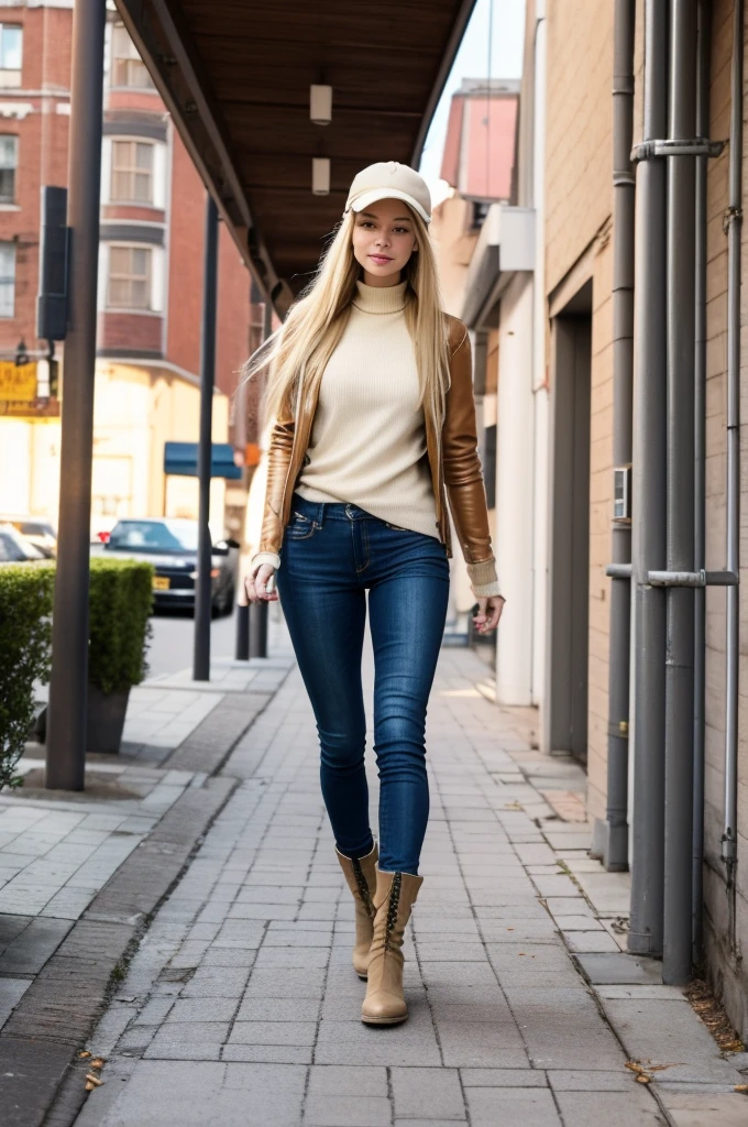 A beautiful, gorgeous croatian woman, super long straight blonde hair, she is wearing a urban outfit, leather jacket, skinny denim trousers, a beige sweater, a newsboy cap and riding boots. She's walking by sidewalk at 11:00 am.