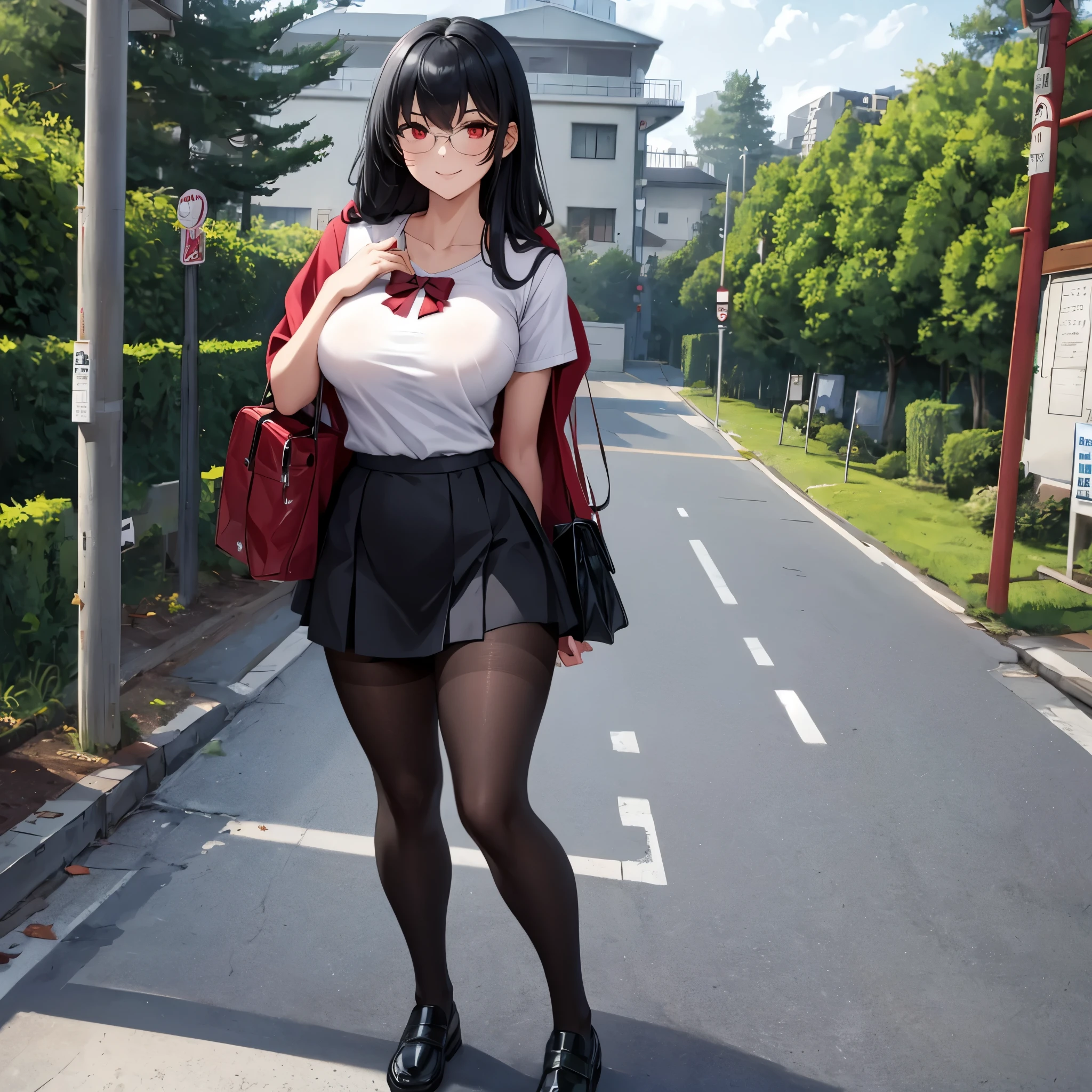 a woman with red hood, white t-shirt, black tights, bow on t-shirt, black skirt, big breasts, red eyes, long black hair, full body, outside a modern Japanese school, smiling, holding a phone and a bag, well detailed, well defined, ultra resolution, masterpiece (solo women)
