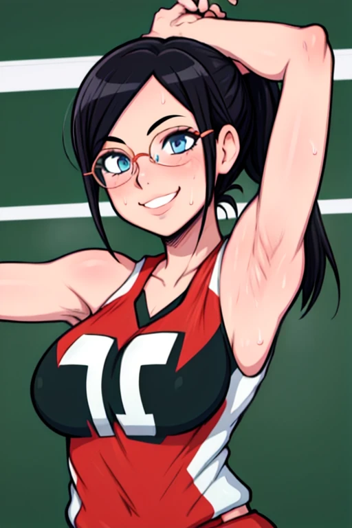 masterpiece, best quality, tanaka asuka, looking at viewer, black hair, blue eyes color, large breasts, upper body, portrait, looking at viewer, seductive smile,both hands raised, armpits, armpits visible, sweaty armpits, wearing volleyball uniform, wearing glasses, ponytail