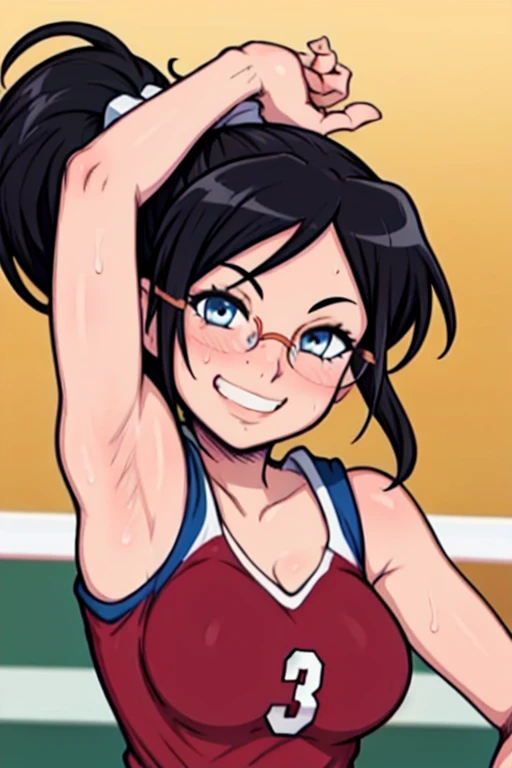 masterpiece, best quality, tanaka asuka, looking at viewer, black hair, blue eyes color, large breasts, upper body, portrait, looking at viewer, seductive smile,both hands raised, armpits, armpits visible, sweaty armpits, wearing volleyball uniform, wearing glasses, ponytail