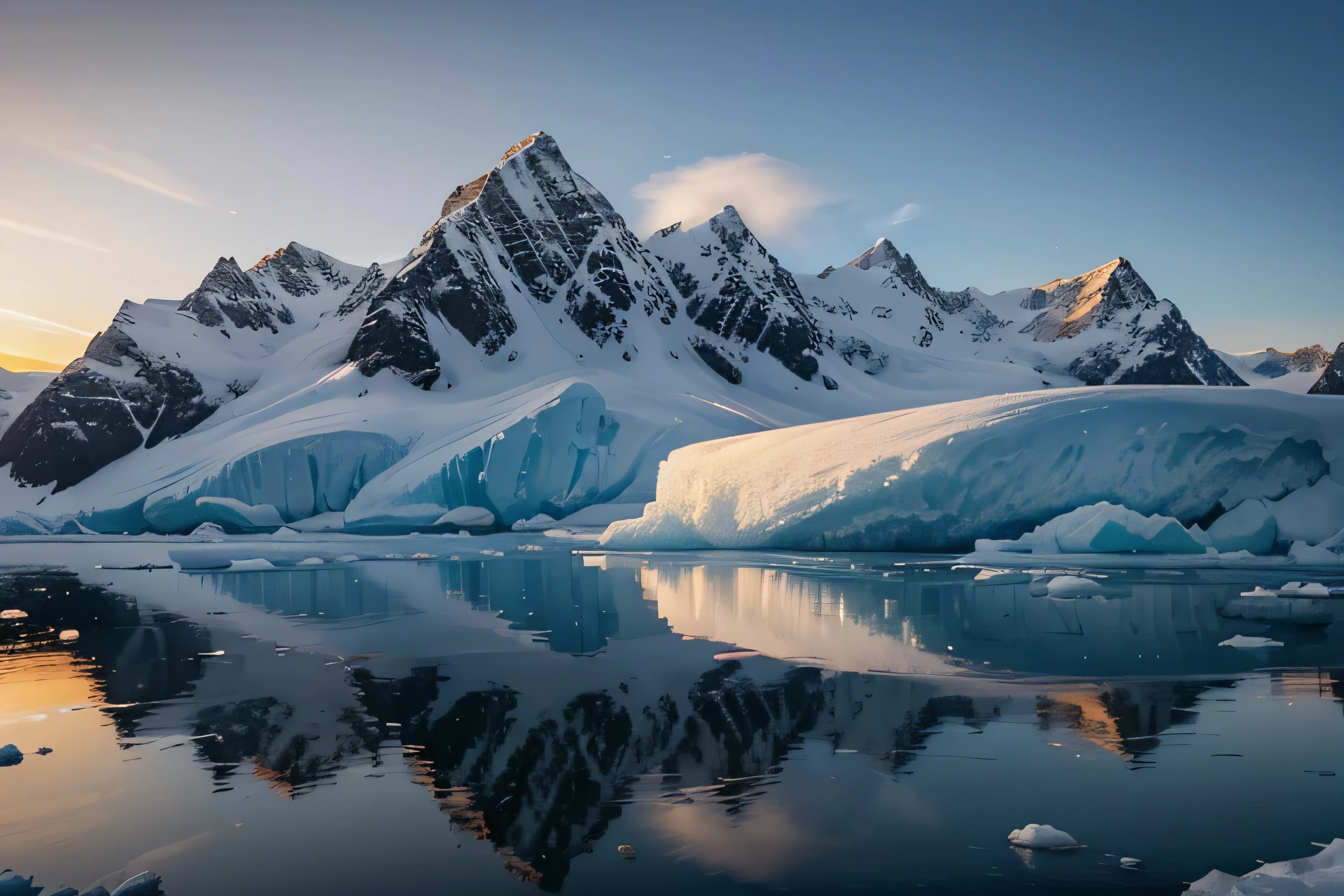 A stunning photorealistic cinematic landscape captures the essence of a serene Antarctic scene at morning light. A tranquil la
ke is surrounded by towering, snow-capped mountains, creating an untouched, pristine wilderness. Massive icebergs float effortlessly, their surfaces reflecting the warm, golden light of the setting sun. The sky is filled with soft, pastel hues of pink and orange, adding to the overall sense of serenity and beauty. The intricate details of the scene showcase the untouched, breathtaking nature of the polar region, making it an awe-inspiring visual masterpiece.