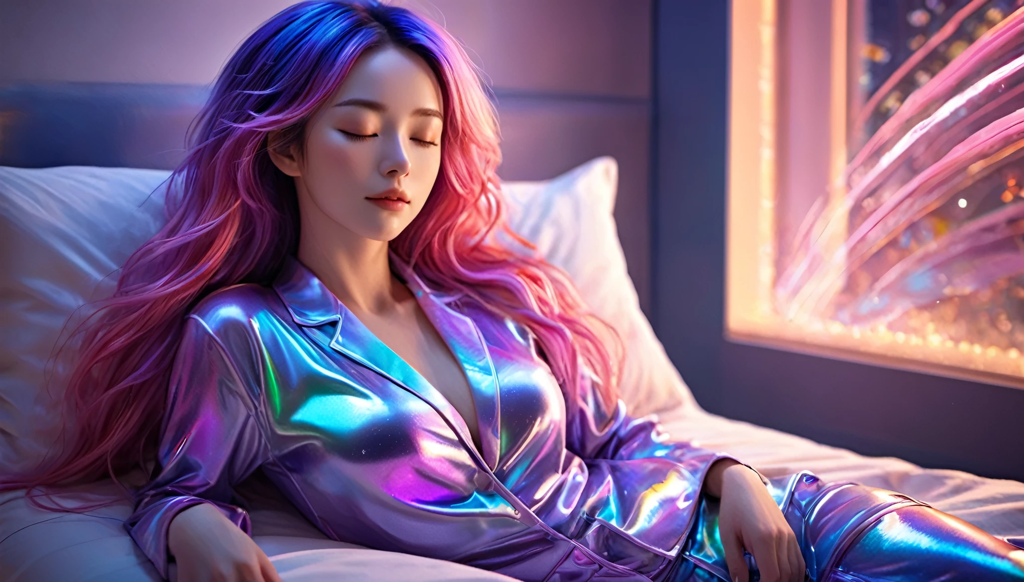 (best quality,8k,ultra-detailed:1.2),(CG,CG art,3D rendering),(masterpiece:1.2),(Sexy pajamas),(movie lighting,futuristic),(woman lying in bed,sleeping,closed eyes),(large window behind her,tranquil night),(colorful hair:1.5)