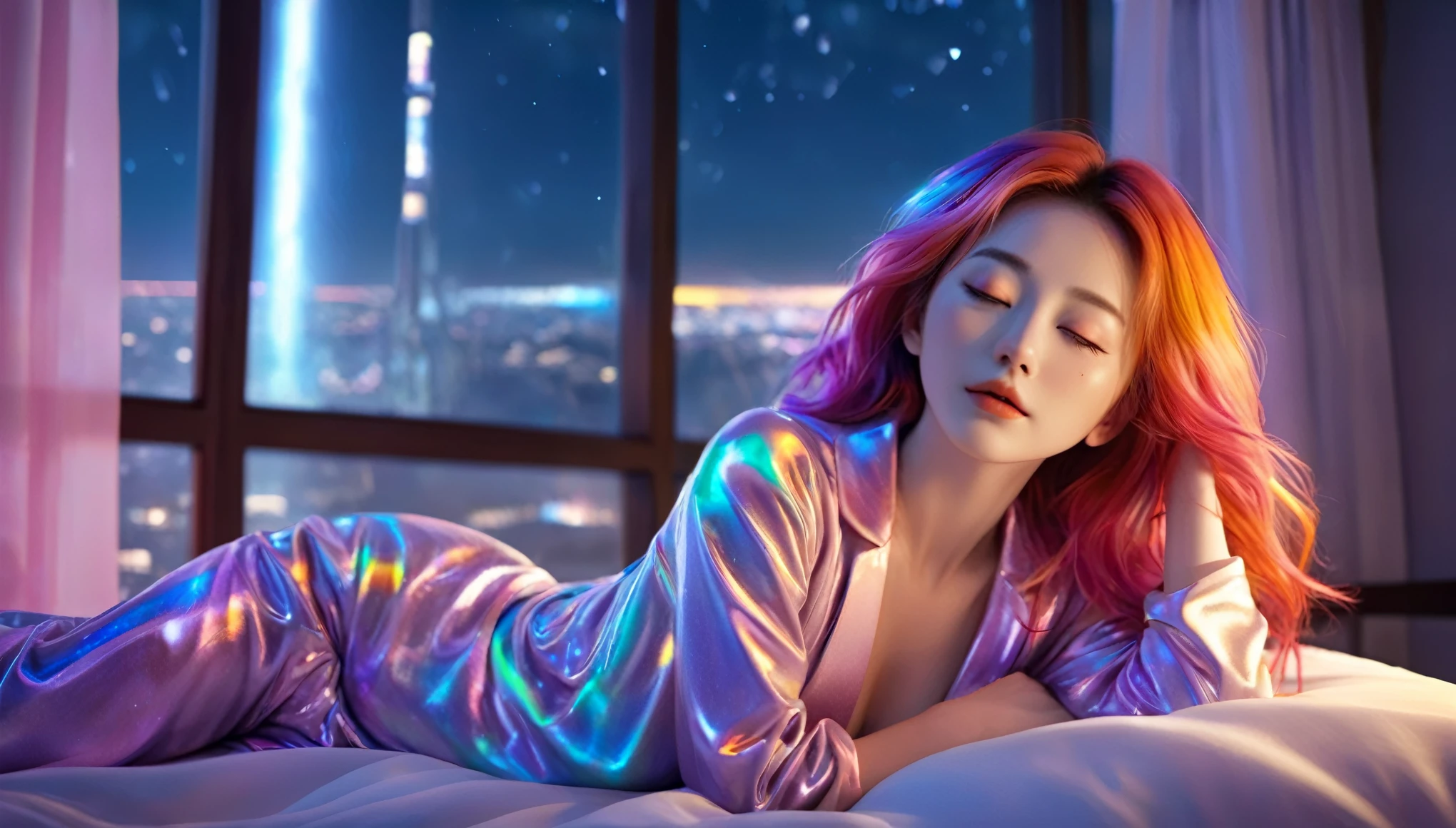 (best quality,8k,ultra-detailed:1.2),(CG,CG art,3D rendering),(masterpiece:1.2),(Sexy pajamas),(movie lighting,futuristic),(woman lying in bed,sleeping,closed eyes),(large window behind her,tranquil night),(colorful hair:1.5)