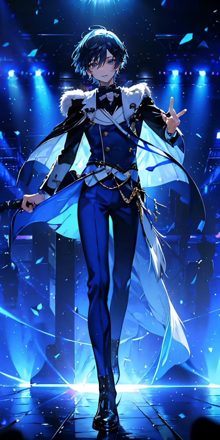 (Mastepiece), (Best Quality), Very detailed, ((1 boy)), Perfect Face, Beautiful Face, Very detailedな顔,((Light blue hair_short hair_Light blue eyes:1.3)),Full body photography、Male solo idol、Gorgeous idol costumes、Cape、boots、(pants:1.2)、(Hold the microphone)、stage、Concert Dome、Lots of confetti、(smile:1.4)、(Open your mouth wide)、sing、dance、Wink、Laser light、Spotlight