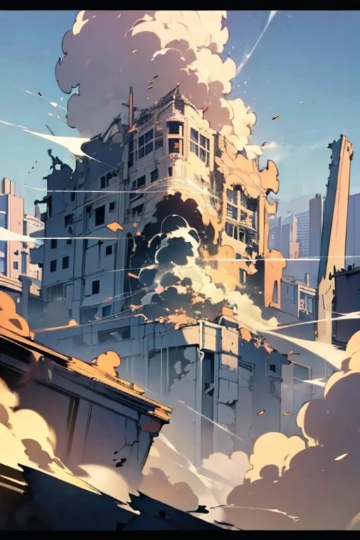 ((Masterpiece, Best Quality, 2d, anime)), cinematic, crumbing buildings, destruction smoke, ruined city, Illustration,