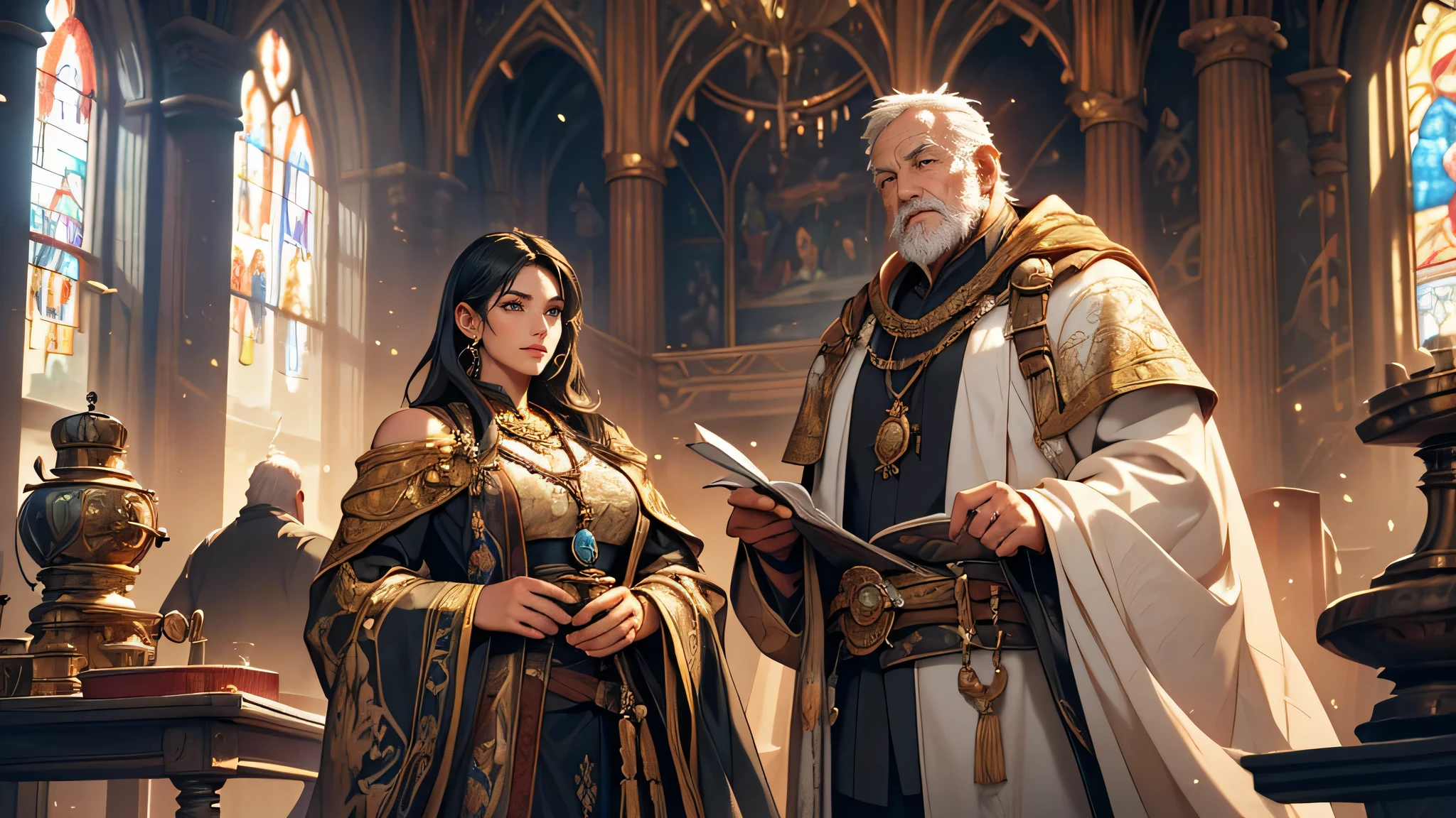 A girl with long black hair, dressed in black adventure clothes, sitting opposite each other and talking to an old and fat man, who is the mayor of the city office room, in a medieval fantasy theme. The girl has beautiful detailed eyes, beautiful detailed lips, and an extremely detailed face, with long eyelashes. The mayor is wearing a long robe, and his face is full of wrinkles and character. The room is dimly lit, with sunlight streaming through the stained glass windows, casting colorful hues on the walls. The walls are adorned with ancient tapestries, depicting scenes of mythical creatures and epic battles. The furniture in the room is ornate, with intricate carvings and plush cushions. The atmosphere is filled with an air of mystery and intrigue. The overall image quality is of the best quality, with ultra-detailed and photo-realistic rendering. The colors are vivid and rich, with a warm and golden tone. The lighting is soft and diffused, adding depth and dimension to the scene.