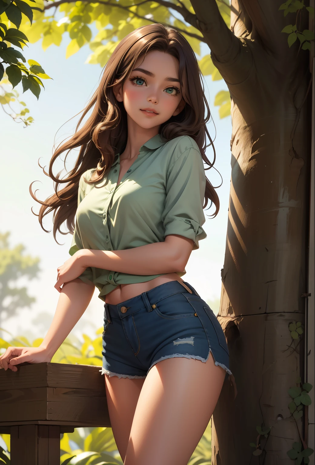 masterpiece of ultra-realism, best quality rendering, exquisitely detailed portrayal of an 18-year-old woman with sunlight-kissed light brown hair cascading in soft curls, emerald green eyes sparkling with life as they gaze at a brown-covered book, dressed in a beige blouse that hugs her figure and blue jeans that rest atop a pair of smiling blue shorts, the shorts peeking out from beneath the tree as she leans against its trunk, engrossed in the depths of her literary escape. The tree's vibrant leaves offer a lush contrast to her fair complexion and provide a warm, inviting atmosphere. The scene is captured