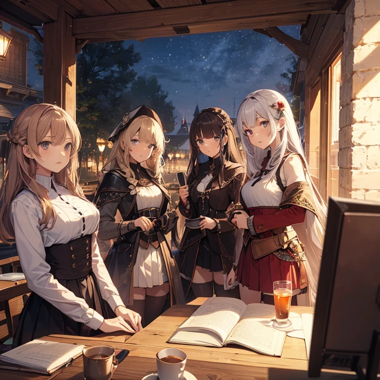 A group of female medieval fantasy adventurers, (in tavern), various hair styles, harem, night, details face, short skirt, seducing, sleeveless, armor