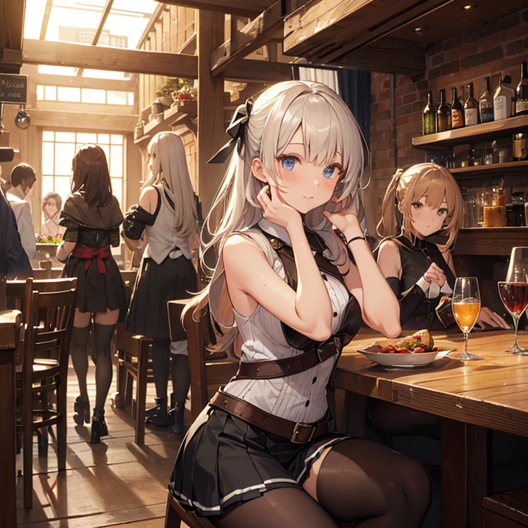 A group of  female medieval fantasy adventurers, (in tavern), various hair styles, harem, night, details face, short skirt, seducing, sleeveless, armor 