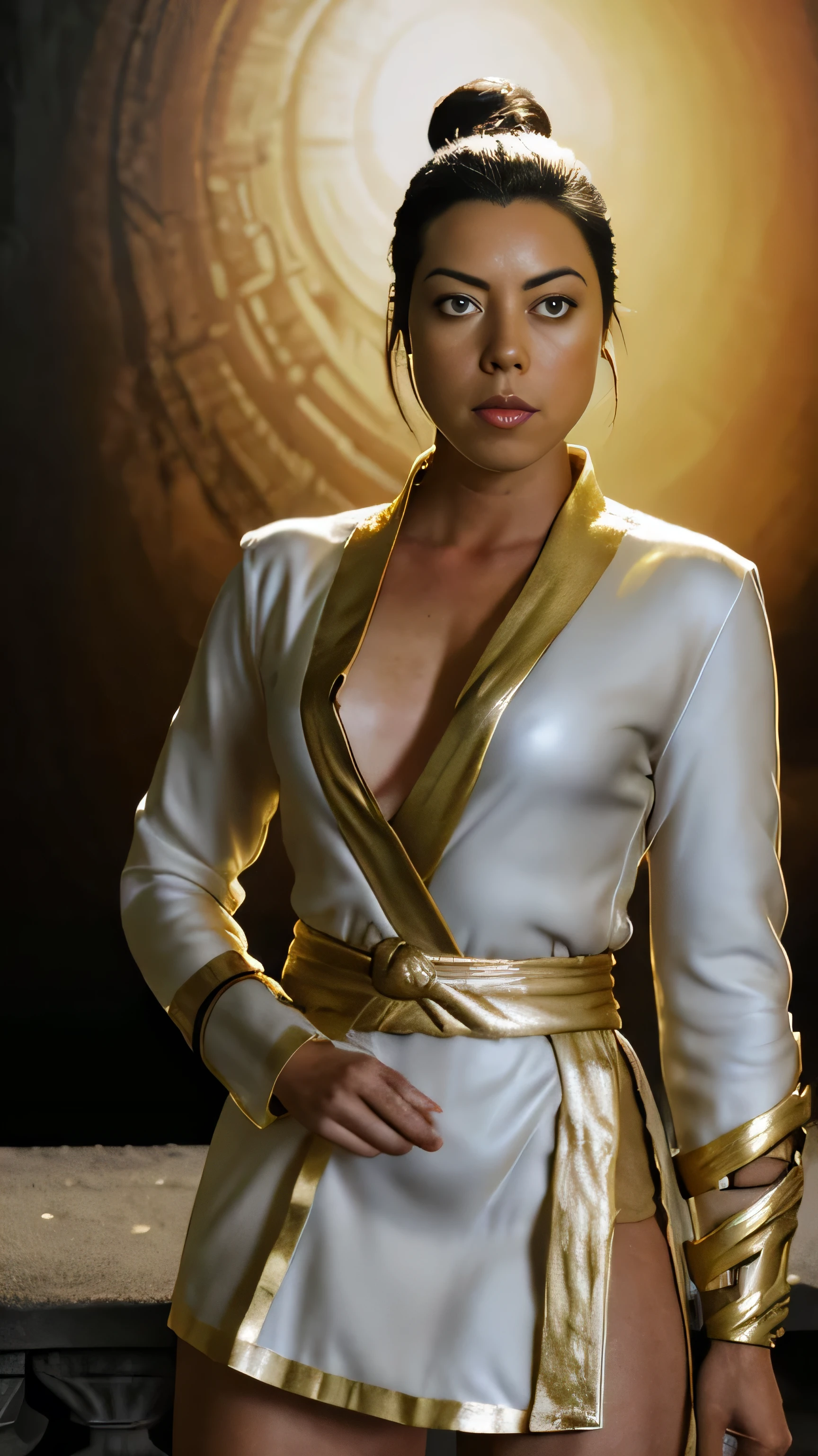 (Aubrey Plaza) as Ashrah from Mortal Kombat, brown eyes, brown hair, hair bun, white robes, gold trim, mystical body tattoos, mystical symbols, outside, temple, morning, lake, 1woman, solo, full body view, front view, looking at viewer, intricate, high detail, sharp focus, dramatic, photorealistic painting art by greg rutkowski