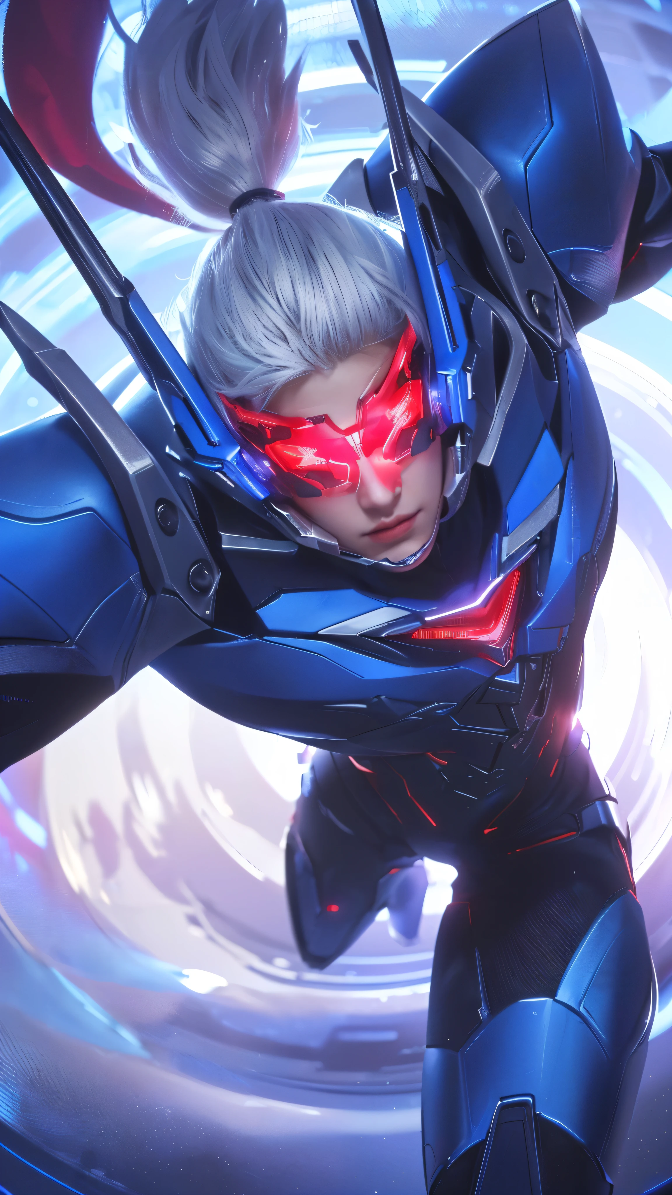 (best quality,4k,8k,highres,masterpiece:1.2),ultra-detailed,(realistic,photorealistic,photo-realistic:1.37),a man with a futuristic costume,red glasses,cyborg theme,white hair,close-up shot,mobile legends,saber,sci-fi,professional,concept artist,studio lighting,vivid colors,bokeh