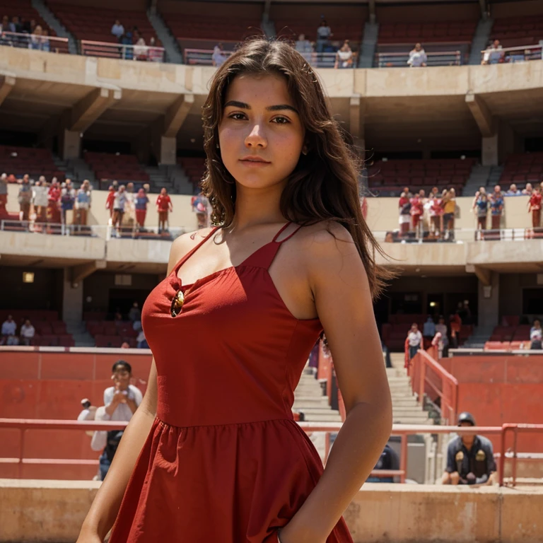 Photorealistic drawing of a young 16 year old Spanish girl named isabella, wearing a red summer dress cheering at the bull fight, looking at the arena.