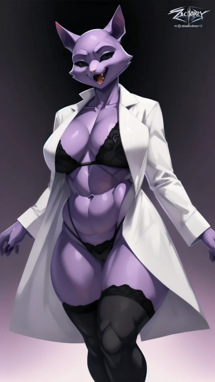 ((made by zackary911:1 art style)), ((adorable and cute cat face)), (color her skin and face purple:1), focus on the furry cat, ((tall female body and imposing)), ((superiority and perfect body)), ((face of a bald cat dressed only in a white scientist's laboratory coat that is open in half but manages to completely cover her body, making her not :1 )), ((no hair anywhere on her body, no skin, total baldness, baldness:1)), masterpiece, Best quality, purple body and face color, a hairy and feminine woman is a cute cat with purple hair, orange cat tongue, no hair anywhere on her body, pink cat nose, big thighs, big t big natural breasts. , (ass Figure)), (1.4), huge, thick, thick body, huge sexy woman, perfect y, big, big ass, perfect body, mastiece, best quality, full figure, SEXY body voluptuous, softPerfect, athletic body, big oval eyes with black sclera and white pupils, orange tongue ((purple inside her cat ears)), light pink cat nose, black and white eyes, ((long dark purple tail), ( (completely smooth face)), ((purple female sphinx cat face)), ((sphynx cat head)), orange cat tongue, adorable face, ((Cute face)), voluptuous cat woman, ((white coat of scientific laboratory that completely covers its body)), furry cat with happy face expression, Venus Perfect body, ((only 2 normal purple cat ears, no hair on the head:1)), completely, high quality, handiwork teacher, adorable and sexy, Beautiful adorable Perf body, violet color of body and face, big black eyes with white iris, , cat teeth, bald body, on a romantic date, ((made by zackary911 art style: 1)