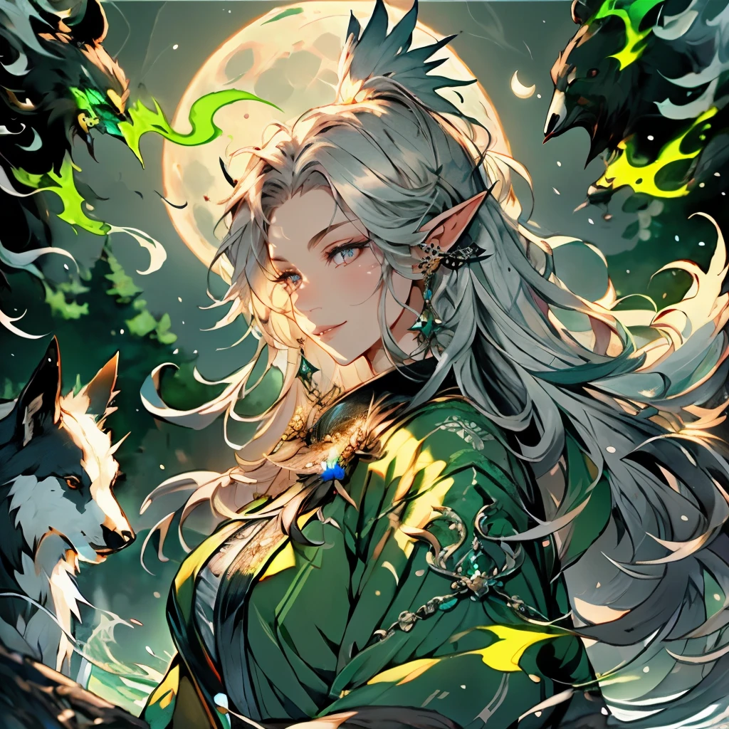 best quality,4k,highres,masterpiece:1.2,ultra-detailed,realistic:1.37,portraits,wildlife,moonlight,forest,mystical,elf,shapeshifter,animal transformation,healing powers,moon goddess blessings,promiscuous,raven,bear,shifting forms,female elf,long flowing hair,piercing eyes,graceful posture,lush greenery,enchanted aura,wisps of magic,pale moonlight,a sense of mystery,vibrant colors,detailed fur and feathers,moonlit glade,moonbeam illuminating the scene,ethereal beauty,sensual glamour,silver ornaments,dark forest background