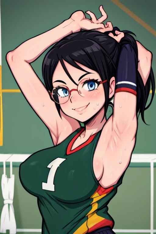 masterpiece, best quality, tanaka asuka, looking at viewer, black hair, blue eyes color, ?????????????, upper body, portrait, looking at viewer, seductive smile,both hands raised, armpits, armpits visible, sweaty armpits, wearing volleyball uniform, wearing glasses, ponytail
