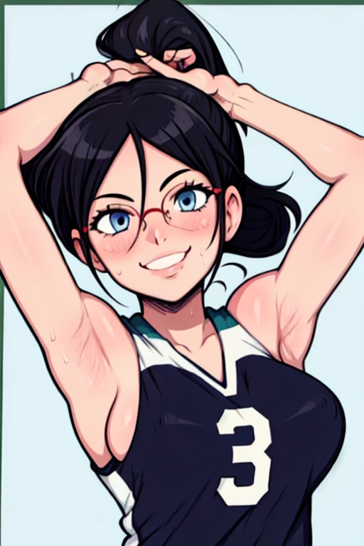 masterpiece, best quality, tanaka asuka, looking at viewer, black hair, blue eyes color, large breasts, upper body, portrait, looking at viewer, seductive smile,both hands raised, armpits, armpits visible, sweaty armpits, wearing volleyball uniform, wearing glasses, ponytail