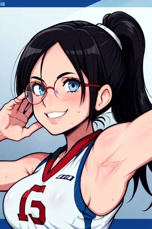 masterpiece, best quality, tanaka asuka, looking at viewer, black hair, blue eyes color, large breasts, upper body, portrait, looking at viewer, seductive smile,both hands raised, armpits, armpits visible, sweaty armpits, wearing volleyball uniform, wearing glasses, ponytail