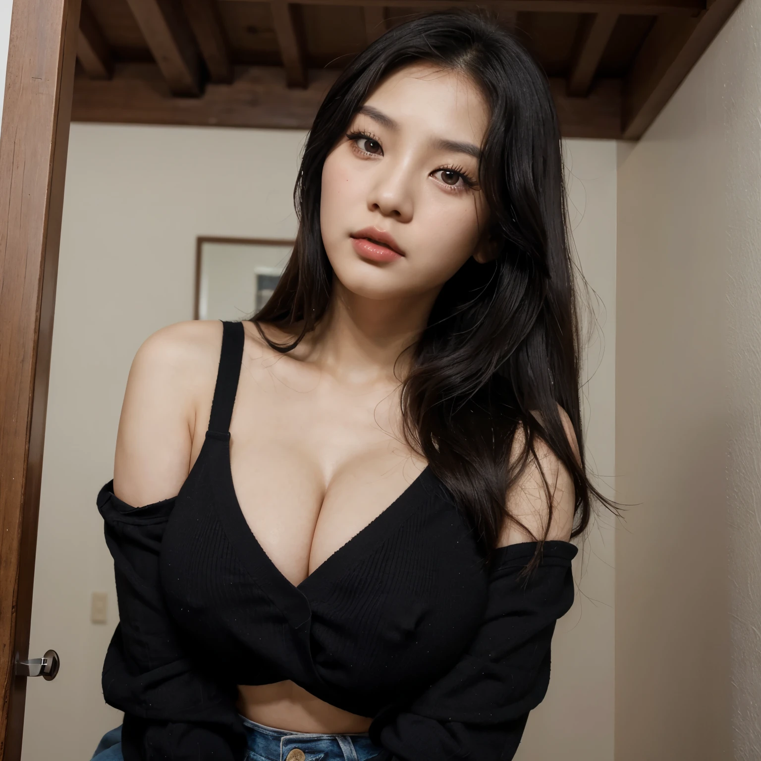 1girl, realistic, eye and face details, full lips, lipstick, (makeup), face hd, Asian woman with black hair, hip-length hair, long hair, coreana, asian features, young cute wan asian face, Ulzzang, asian face, a young Asian woman, asian, AESPA,wonyoung, wonyoung IVE, black hair, long black hair, blurry background, hoooooyeony, HoYeon Jung, busty famele, girl with bangs, big, serious girl, Lee Su-hyun, short top, big breast, thin clothing, seductive and erotic girl, small eyes, asian eyes, long hair, attractive girl (( pechos grandes )), 18 years, korean, attractive, sexy, big, chubby, big breasted, her house, body