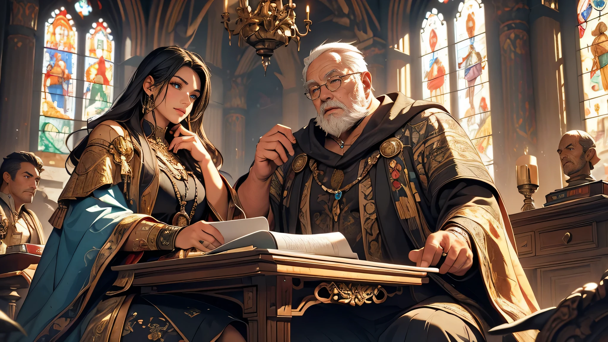 A girl with long black hair, dressed in black adventure clothes, sitting opposite each other and talking to an old and fat man, who is the mayor of the city office room, in a medieval fantasy theme. The girl has beautiful detailed eyes, beautiful detailed lips, and an extremely detailed face, with long eyelashes. The mayor is wearing a long robe, and his face is full of wrinkles and character. The room is dimly lit, with sunlight streaming through the stained glass windows, casting colorful hues on the walls. The walls are adorned with ancient tapestries, depicting scenes of mythical creatures and epic battles. The furniture in the room is ornate, with intricate carvings and plush cushions. The atmosphere is filled with an air of mystery and intrigue. The overall image quality is of the best quality, with ultra-detailed and photo-realistic rendering. The colors are vivid and rich, with a warm and golden tone. The lighting is soft and diffused, adding depth and dimension to the scene.
