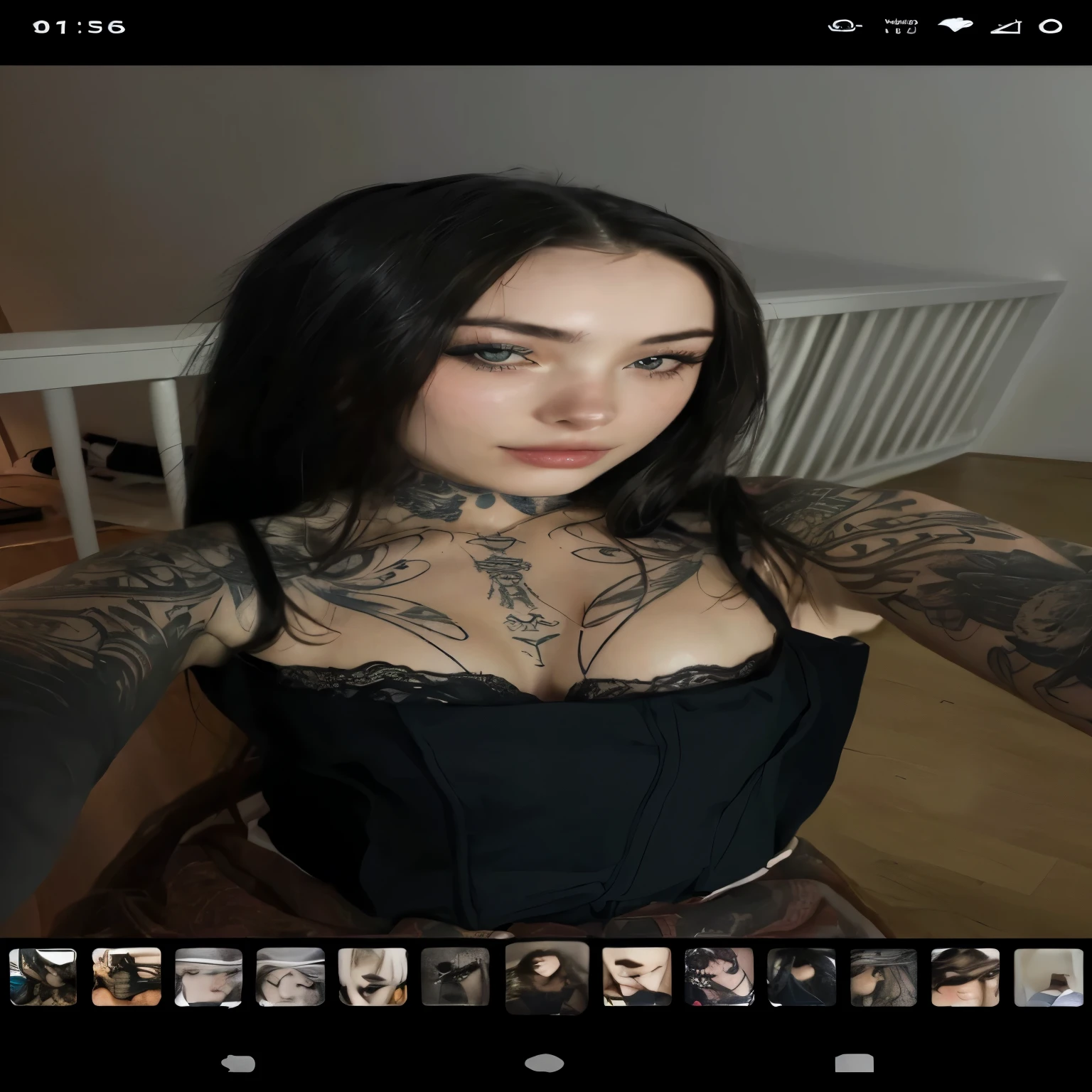 gothic girl, realistic, 34 years old, make selfie in room, , get tattoo