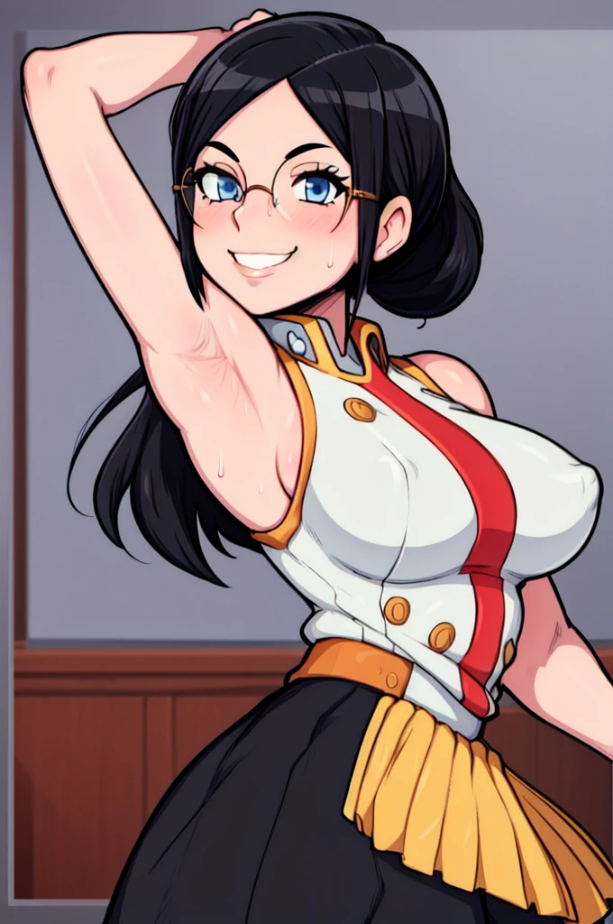 masterpiece, best quality, tanaka asuka, looking at viewer, black hair, blue eyes color, large breasts, upper body, portrait, looking at viewer, seductive smile,both hands raised, armpits, armpits visible, sweaty armpits, wearing white marching band uniform, wearing glasses, ponytail