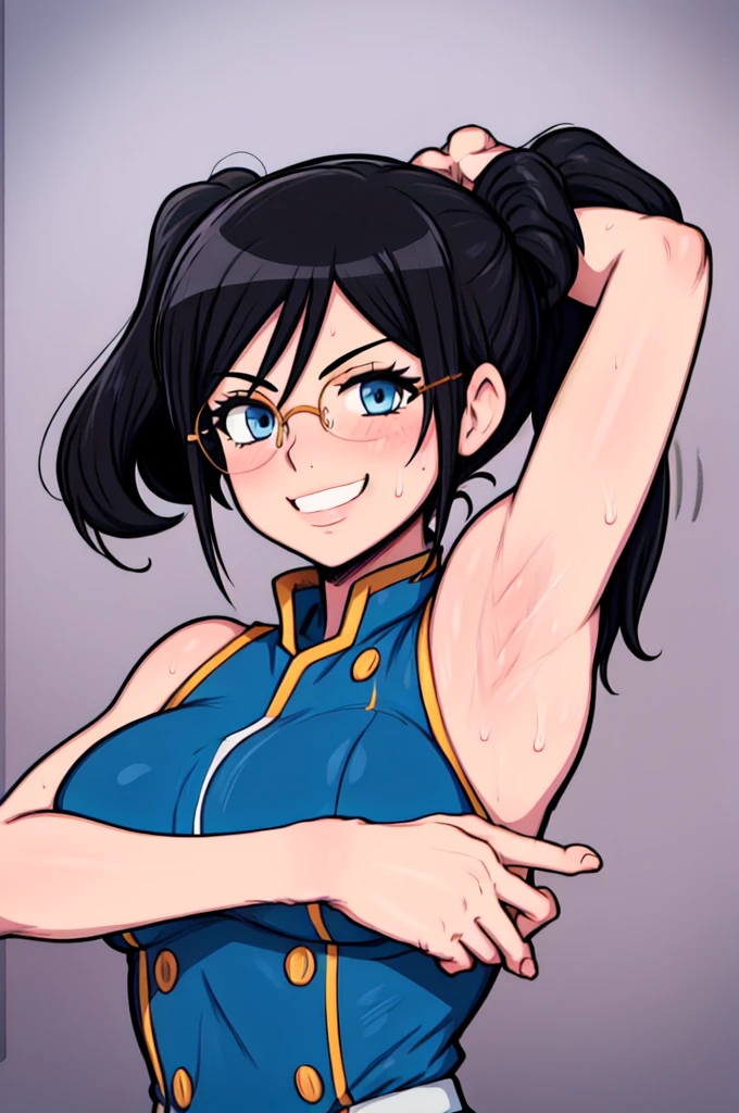 masterpiece, best quality, tanaka asuka, looking at viewer, black hair, blue eyes color, large breasts, upper body, portrait, looking at viewer, seductive smile,both hands raised, armpits, armpits visible, sweaty armpits, wearing white marching band uniform, wearing glasses, ponytail