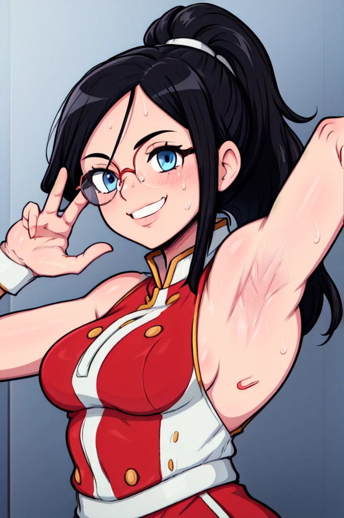 masterpiece, best quality, tanaka asuka, looking at viewer, black hair, blue eyes color, large breasts, upper body, portrait, looking at viewer, seductive smile,both hands raised, armpits, armpits visible, sweaty armpits, wearing white marching band uniform, wearing glasses, ponytail